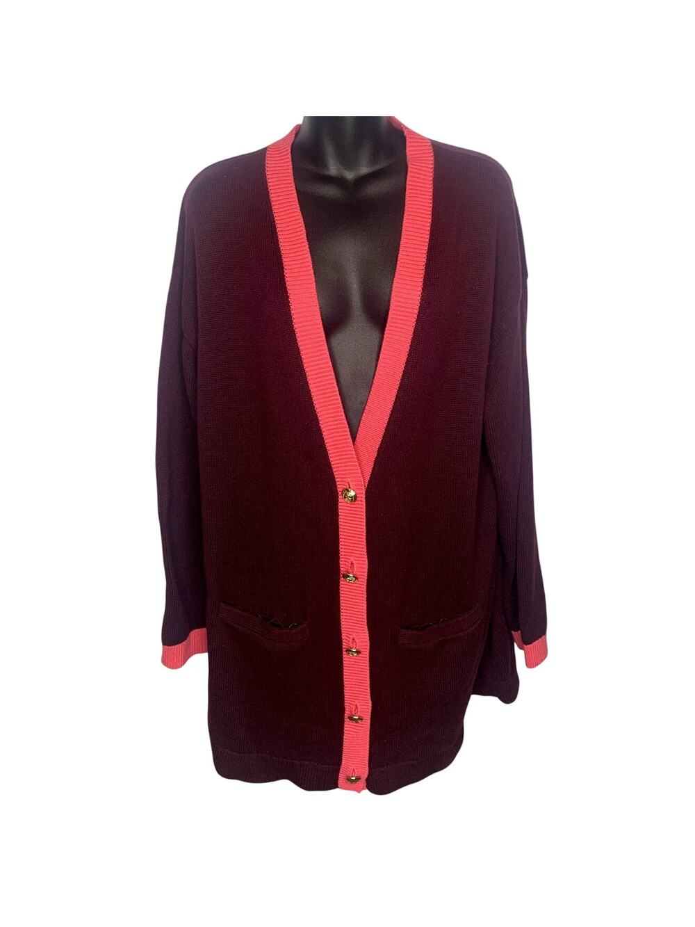 Talbots V-Neck Tipped Cardigan Burgundy Pink with Gold Buttons Women's Large